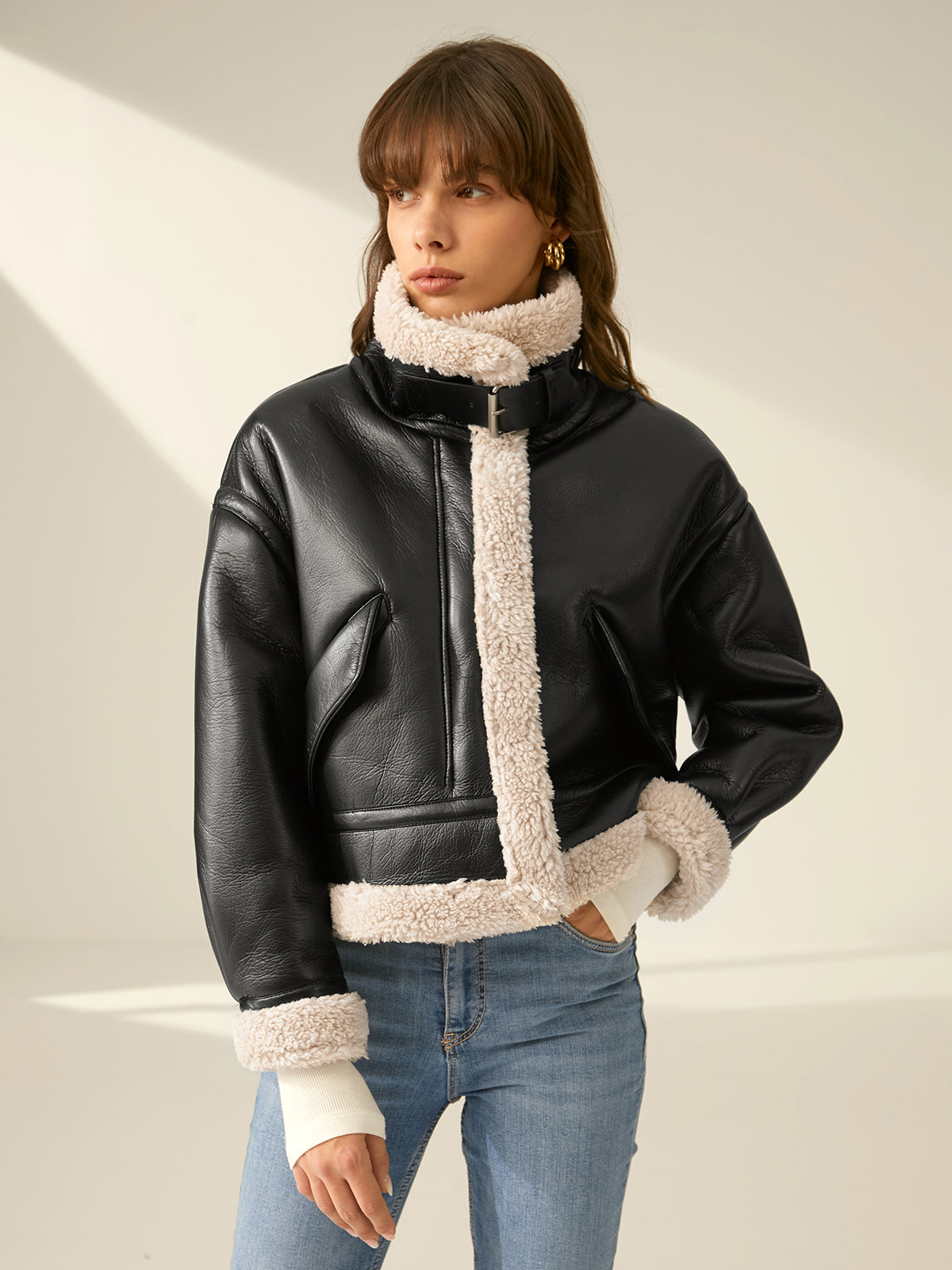 Sherpa Astarlı Shearling Deri Uçuş Ceketi