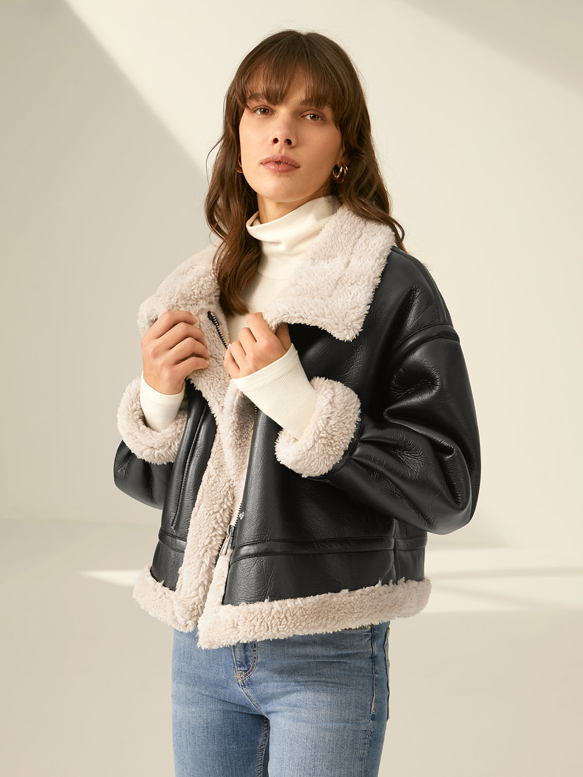 Sherpa Astarlı Shearling Deri Uçuş Ceketi