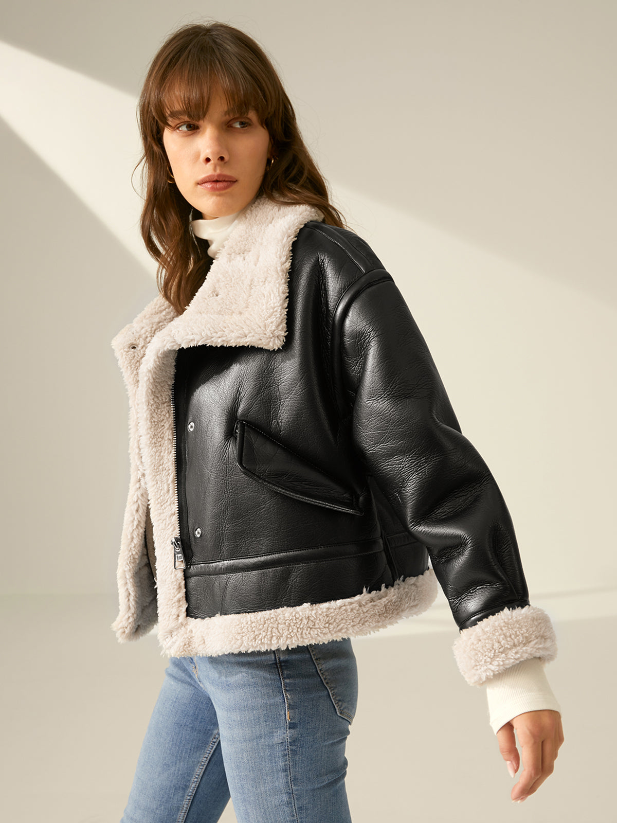 Sherpa Astarlı Shearling Deri Uçuş Ceketi