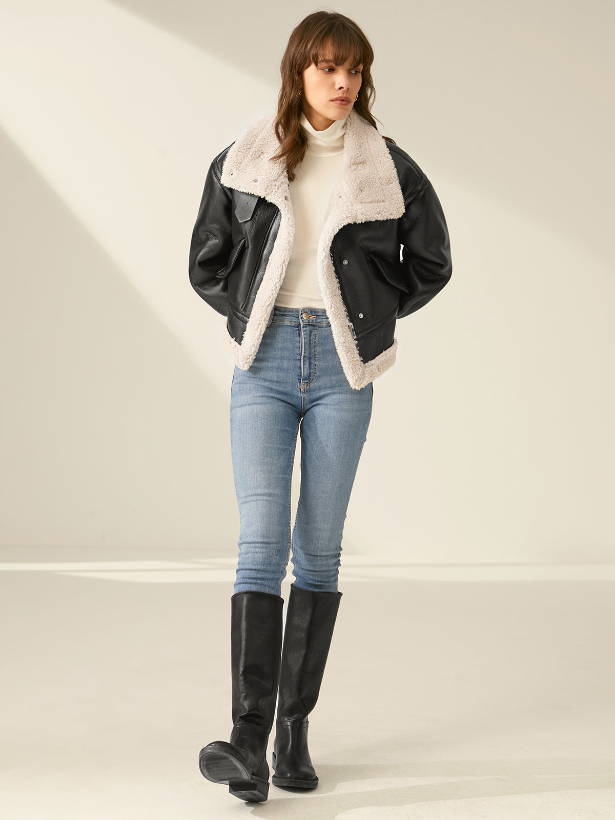 Sherpa Astarlı Shearling Deri Uçuş Ceketi