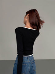 Kare Yaka Triko Gömlek Kontrast Şeritli