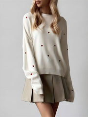 İşlemeli Kalp Desenli Bol Kesim Triko Kazak