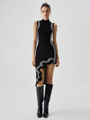 Asimetrik Kontrast Örgülü Yüksek Yakalı Elbise