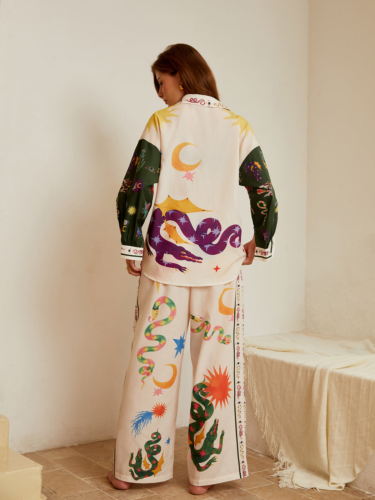 Boho Desenli Bol Gömlek Ve Geniş Paça Pantolon Takımı