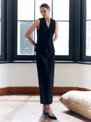 Düz Düğmeli Yelek Arka Yırtmaçlı V-Yaka