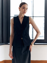 Düz Düğmeli Yelek Arka Yırtmaçlı V-Yaka