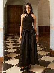 Asimetrik Cepli Soğuk Omuz Plise Uzun Elbise