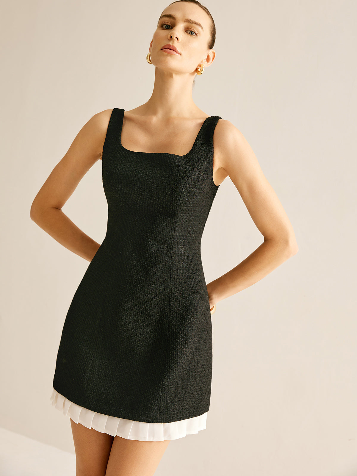 Pileli Tweed Tank Kısa Elbise