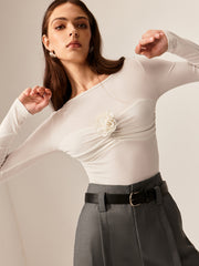 Üç Boyutlu Çiçekli Pliseli Uzun Kollu Tişört