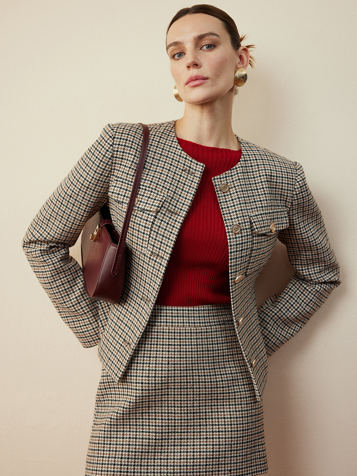 Houndstooth Düğmeli Kısa Ceket