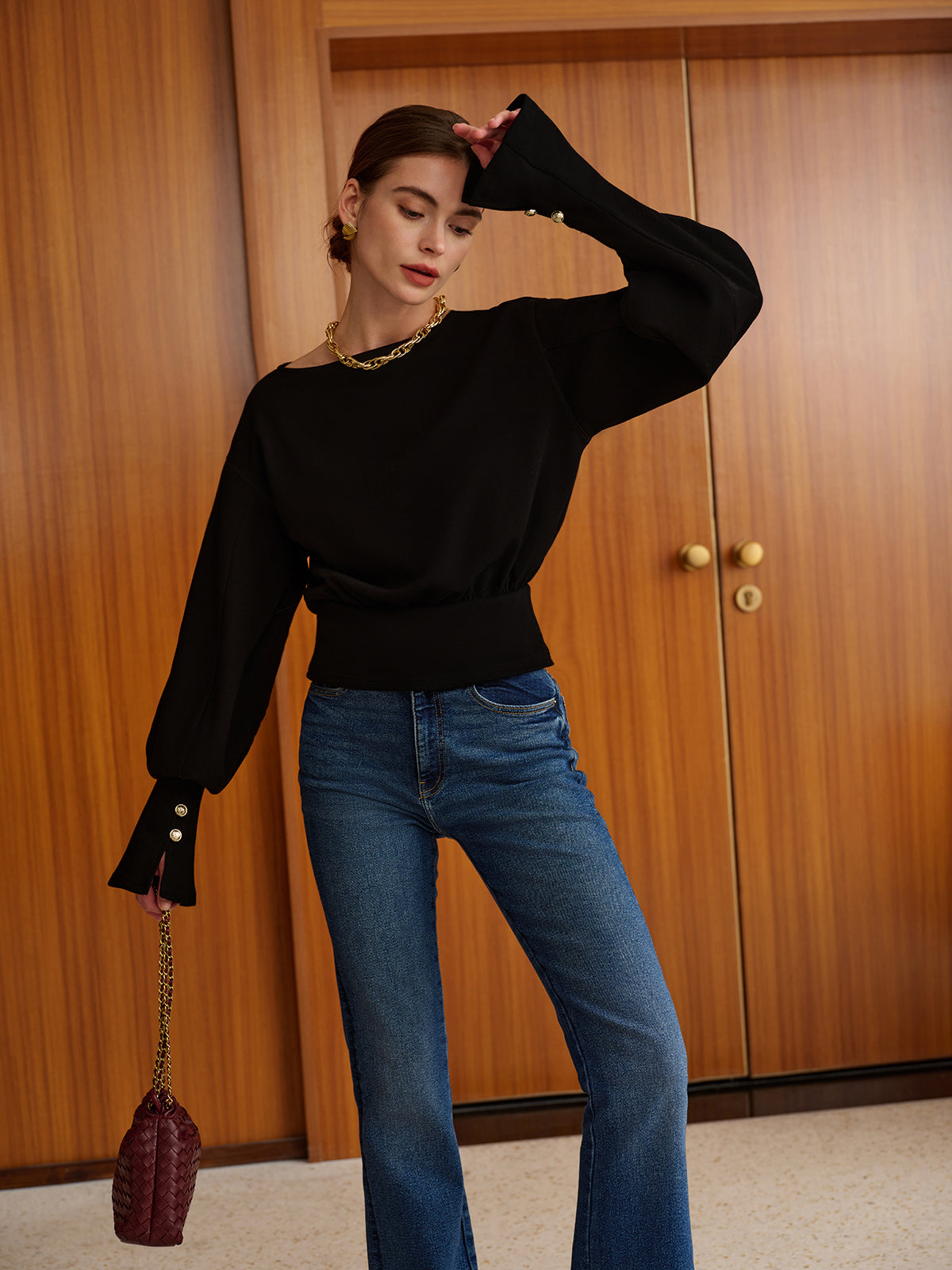Çan Kollu Büzgülü Sweatshirt