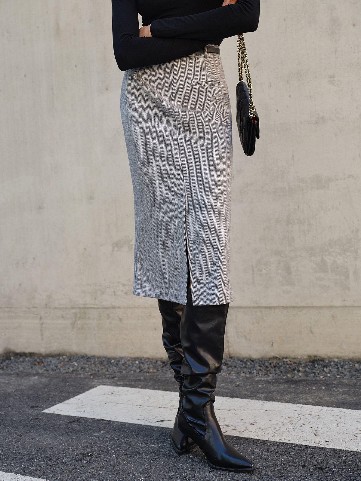 Kemersiz Chevron Split Midi Etek