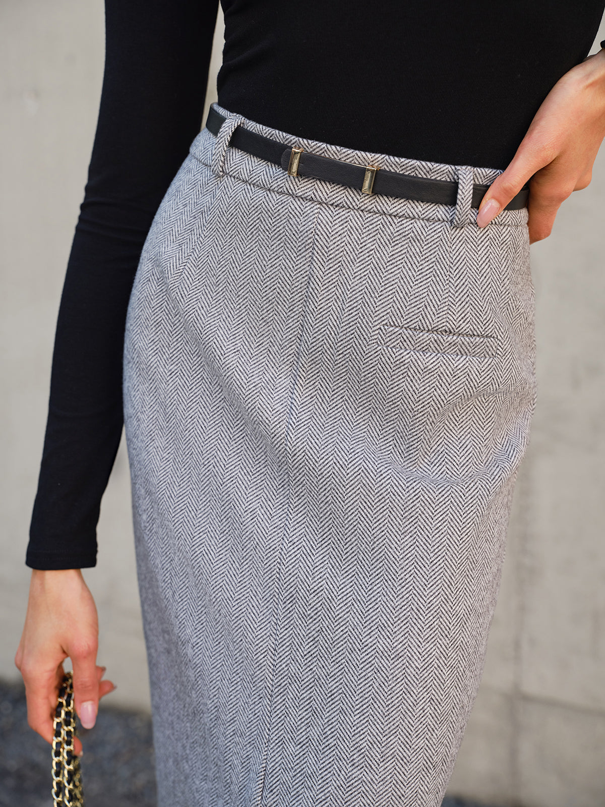 Kemersiz Chevron Split Midi Etek