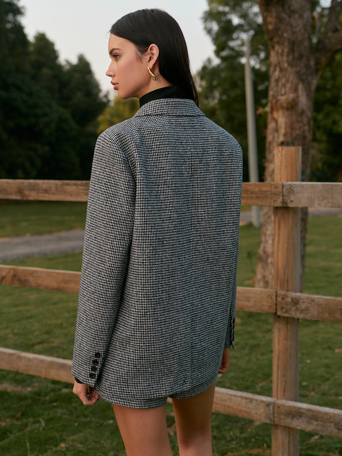 Balık Sırtı Düğmeli Tweed Blazer