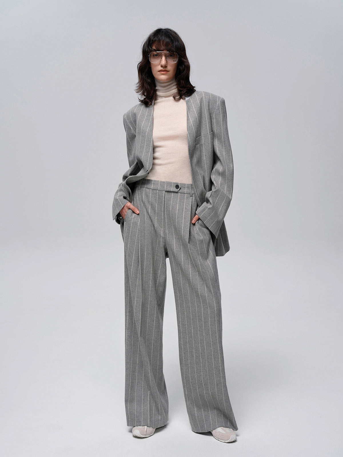 Yün Karışımlı İnce Çizgili Tweed Pantolon