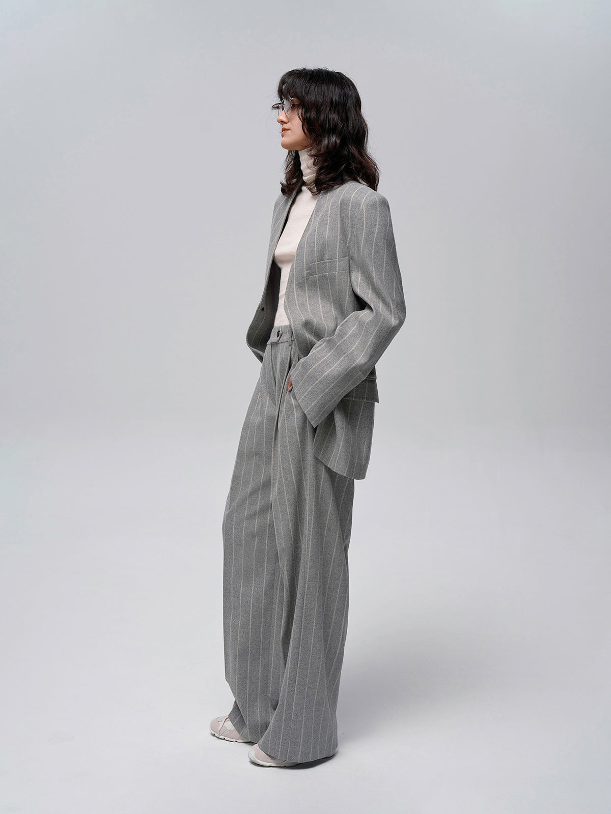 Yün Karışımlı İnce Çizgili Tweed Pantolon