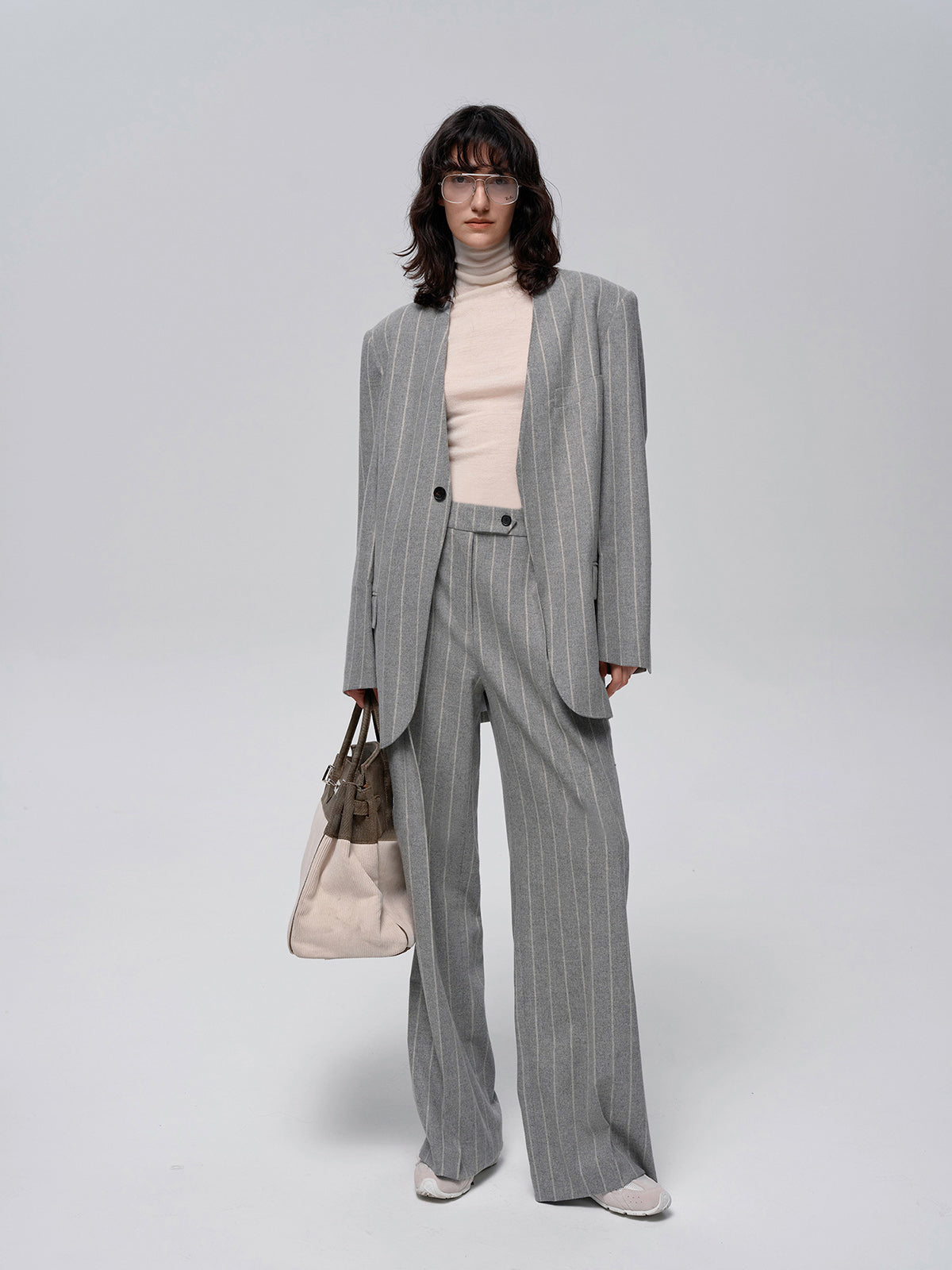 Yün Karışımlı İnce Çizgili Tweed Pantolon