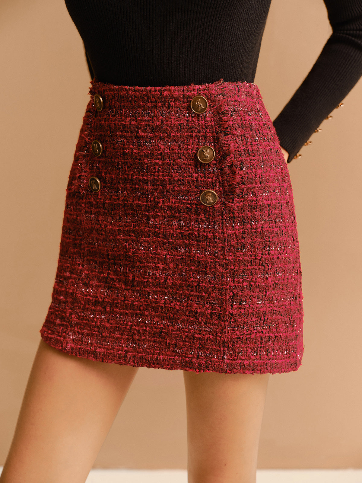 Orta Bel Tweed Fermuarlı Etek