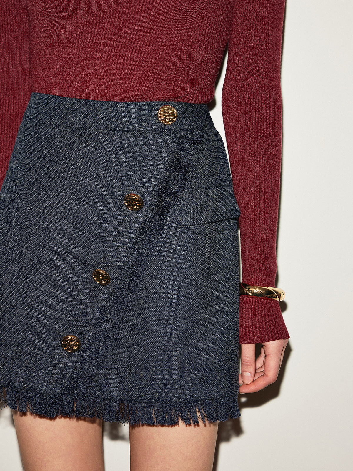Orta Bel Tweed Püsküllü Mini Etek