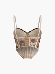 Çiçek Desenli Yarı Şeffaf Kalp Yaka Korse