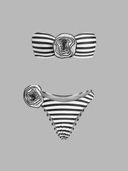Çizgili Çiçek Desenli Bandeau Mayo Takımı