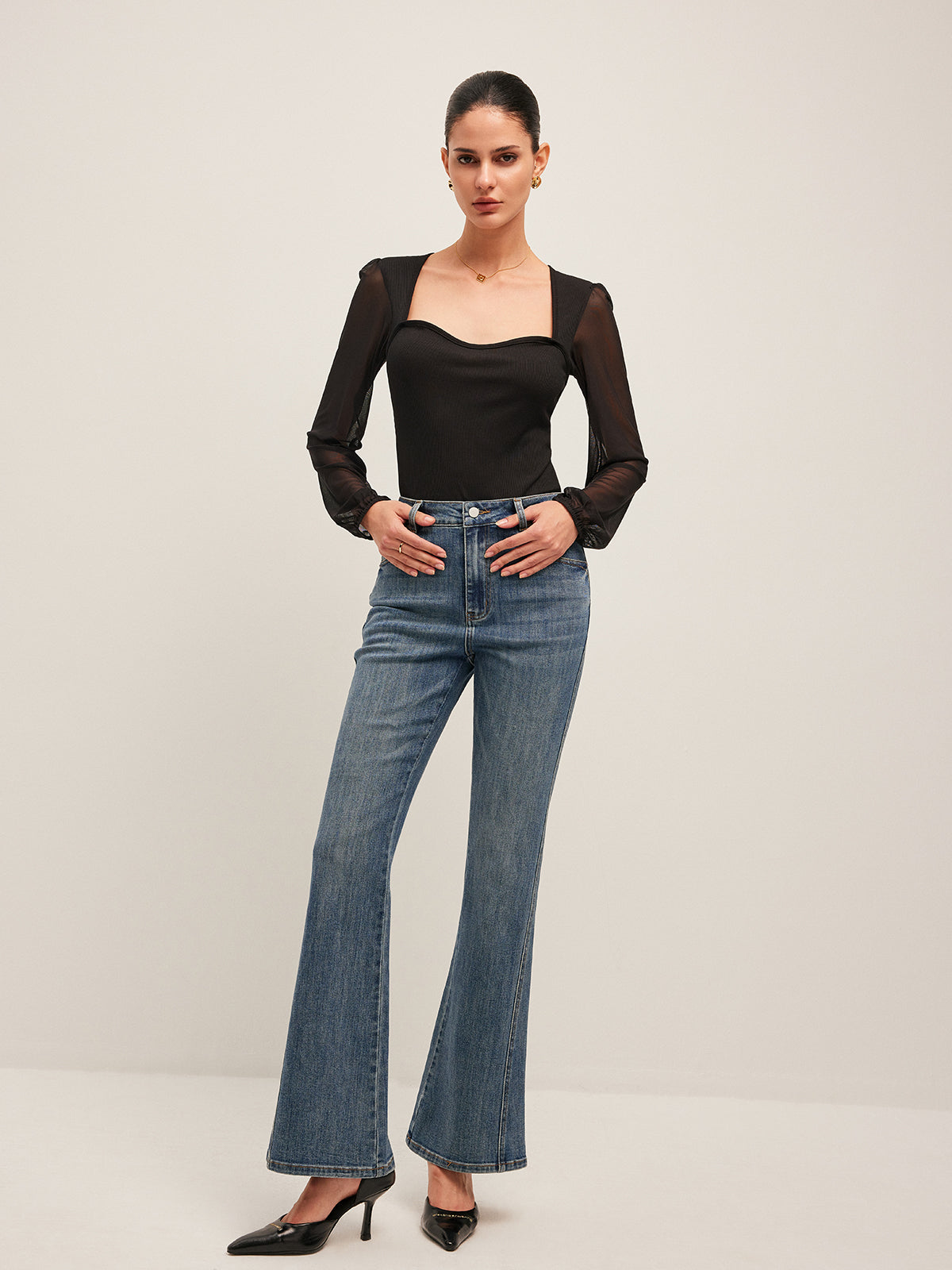 Yarı Şeffaf File Kollu Ribanalı Bodysuit