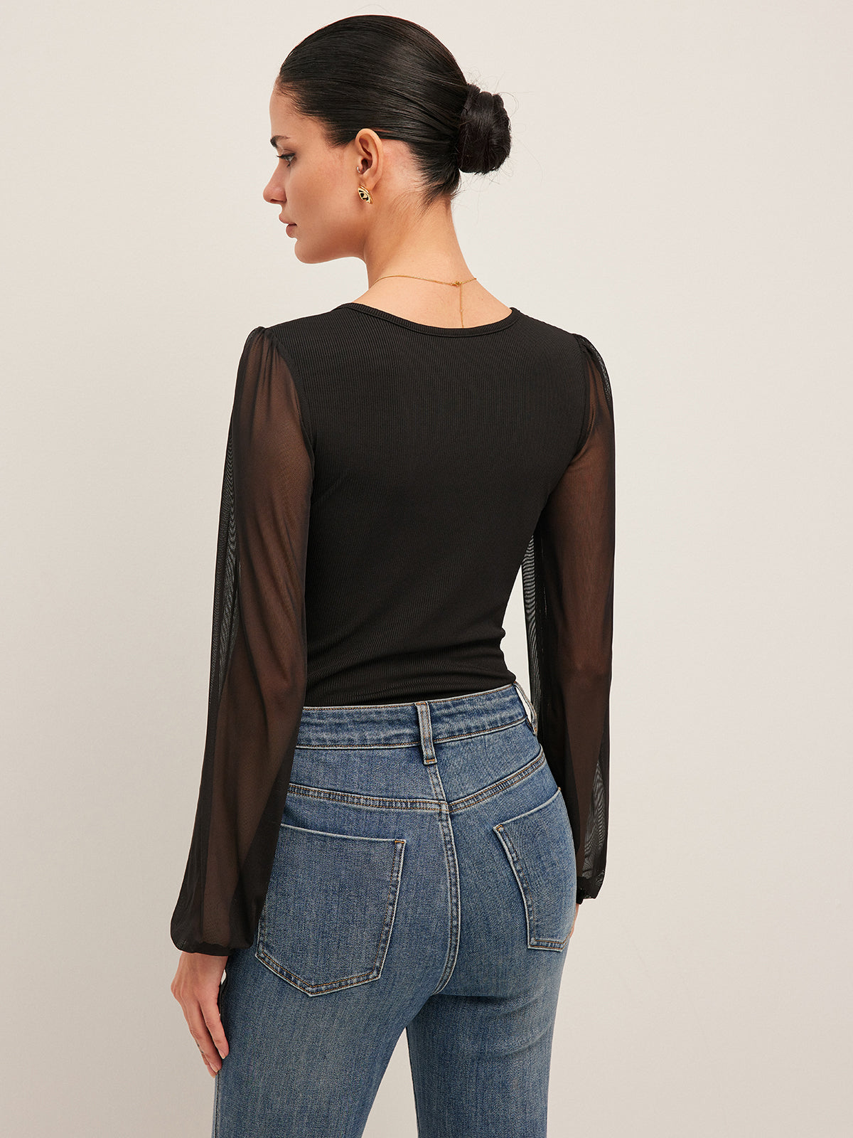 Yarı Şeffaf File Kollu Ribanalı Bodysuit