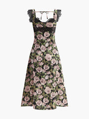 Çiçek Desenli Dantel Kenarlı Bağlamalı Elbise