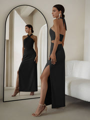 Çapraz Yaka Yırtmaçlı Uzun Triko Elbise