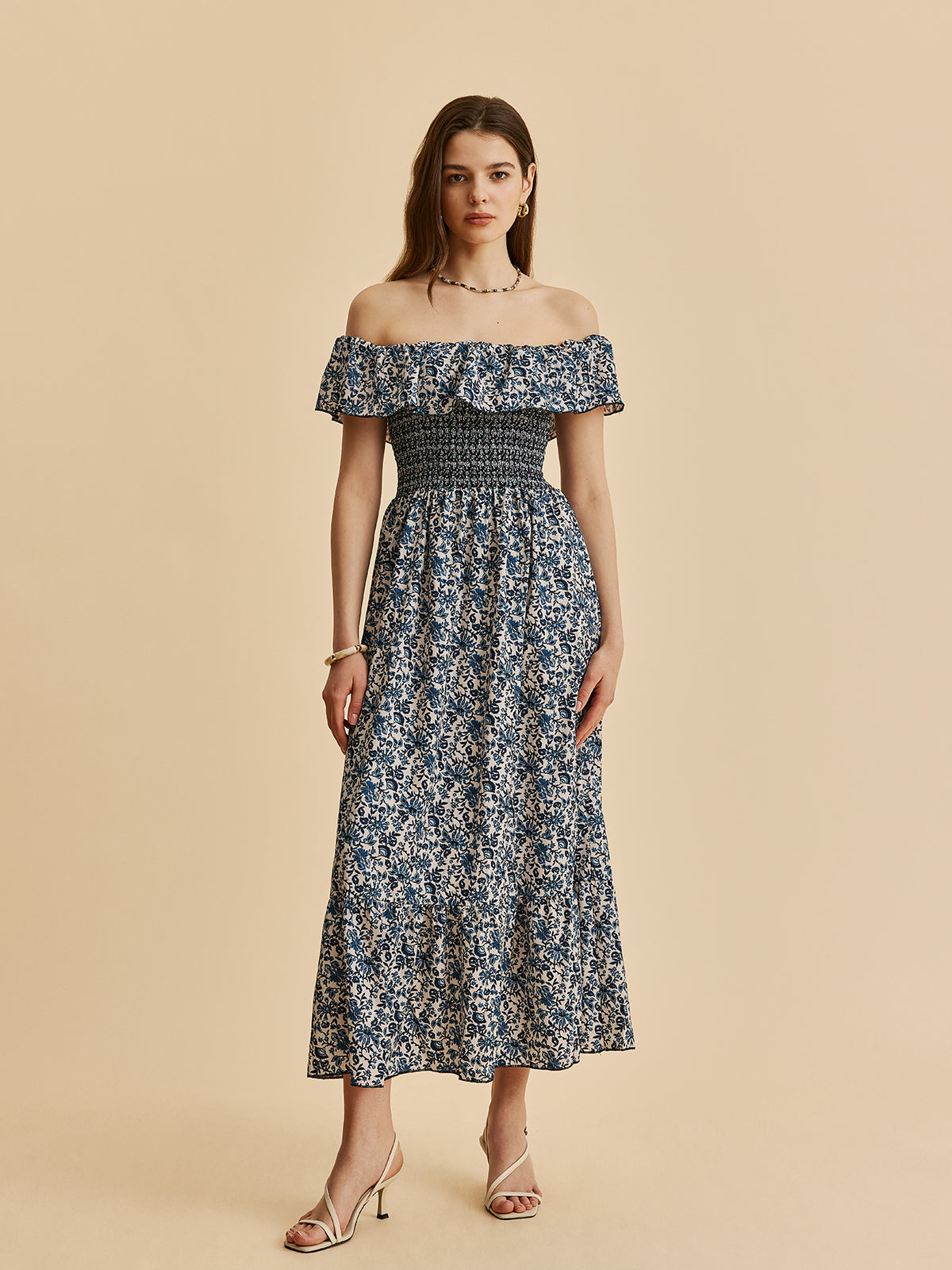 Boho Yakalı Omuzdan Bağlamalı Çiçekli Elbise