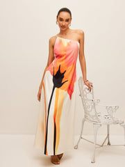 Asimetrik Çiçek Desenli Bağlamalı Elbise