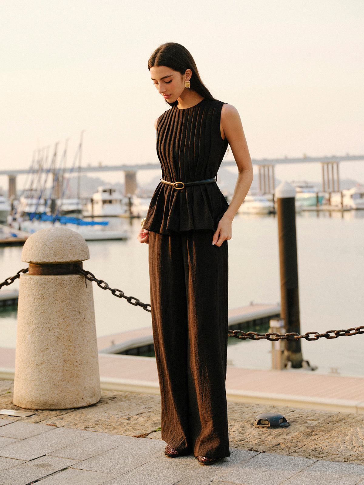 Peplum Üst Geniş Paça Pantolon Takımı Kemerli