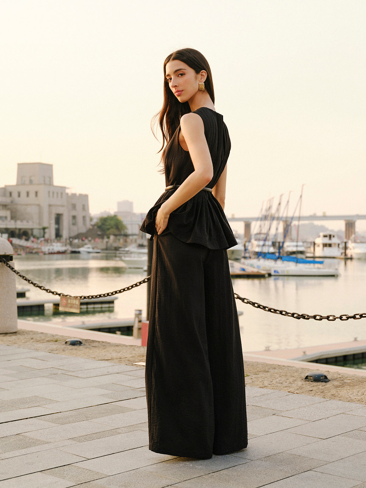 Peplum Üst Geniş Paça Pantolon Takımı Kemerli
