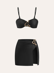 Altın Detaylı Bikini Takımı ve Etek