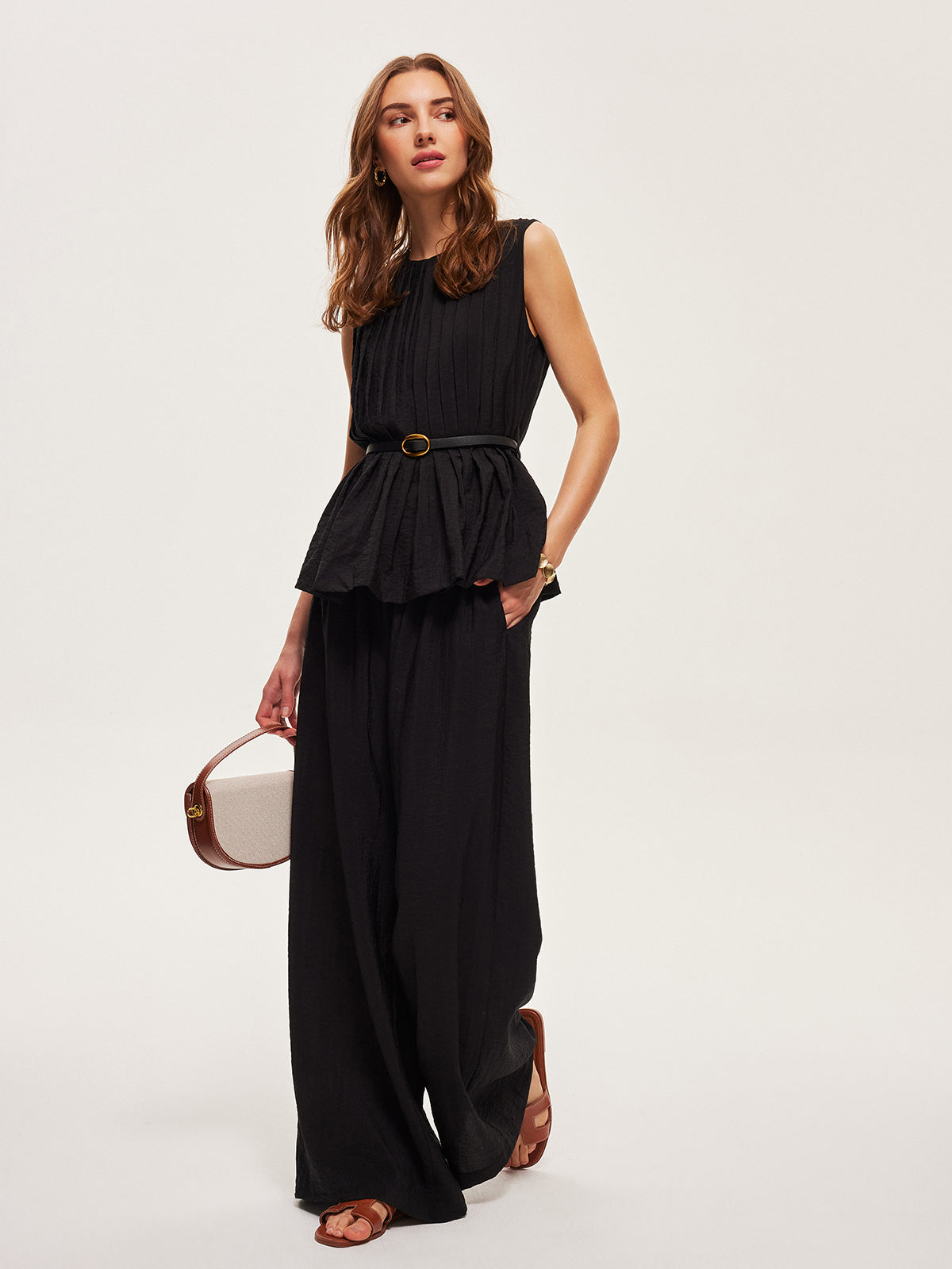 Peplum Üst Geniş Paça Pantolon Takımı Kemerli
