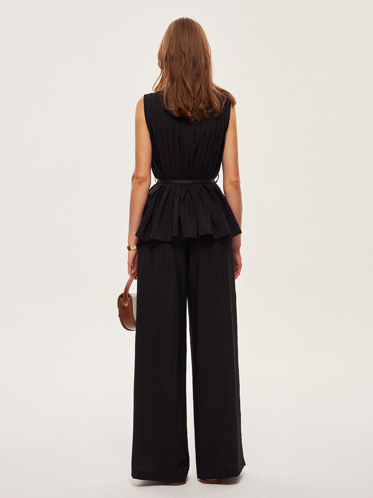 Peplum Üst Geniş Paça Pantolon Takımı Kemerli