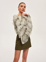 Yarı Şeffaf Baskılı Volanlı Kol Şifon Bluz