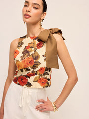 Çiçek Desenli Fiyonk Detaylı Kolsuz Bluz