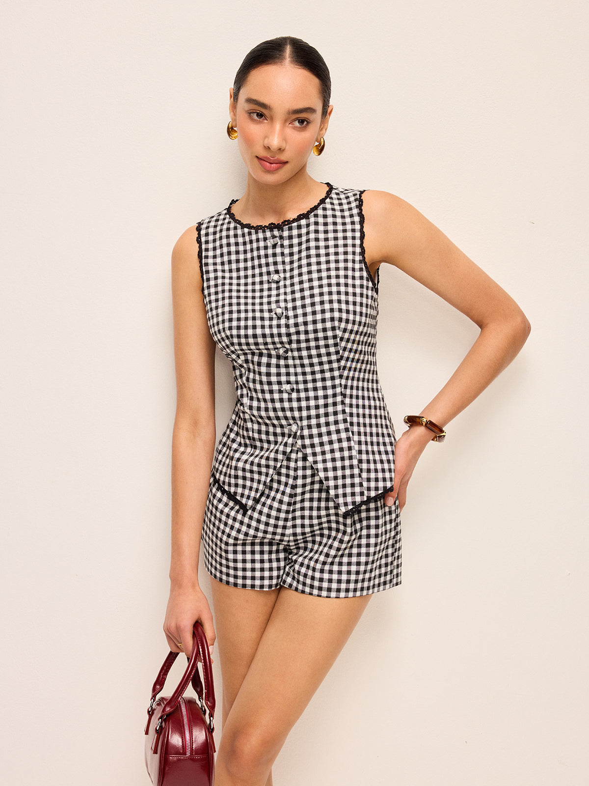 Gingham Düğmeli Üst Ve Şort Takımı