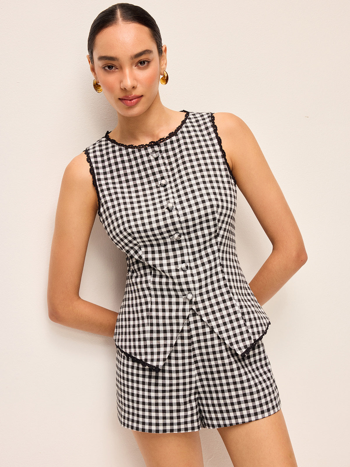 Gingham Düğmeli Üst Ve Şort Takımı