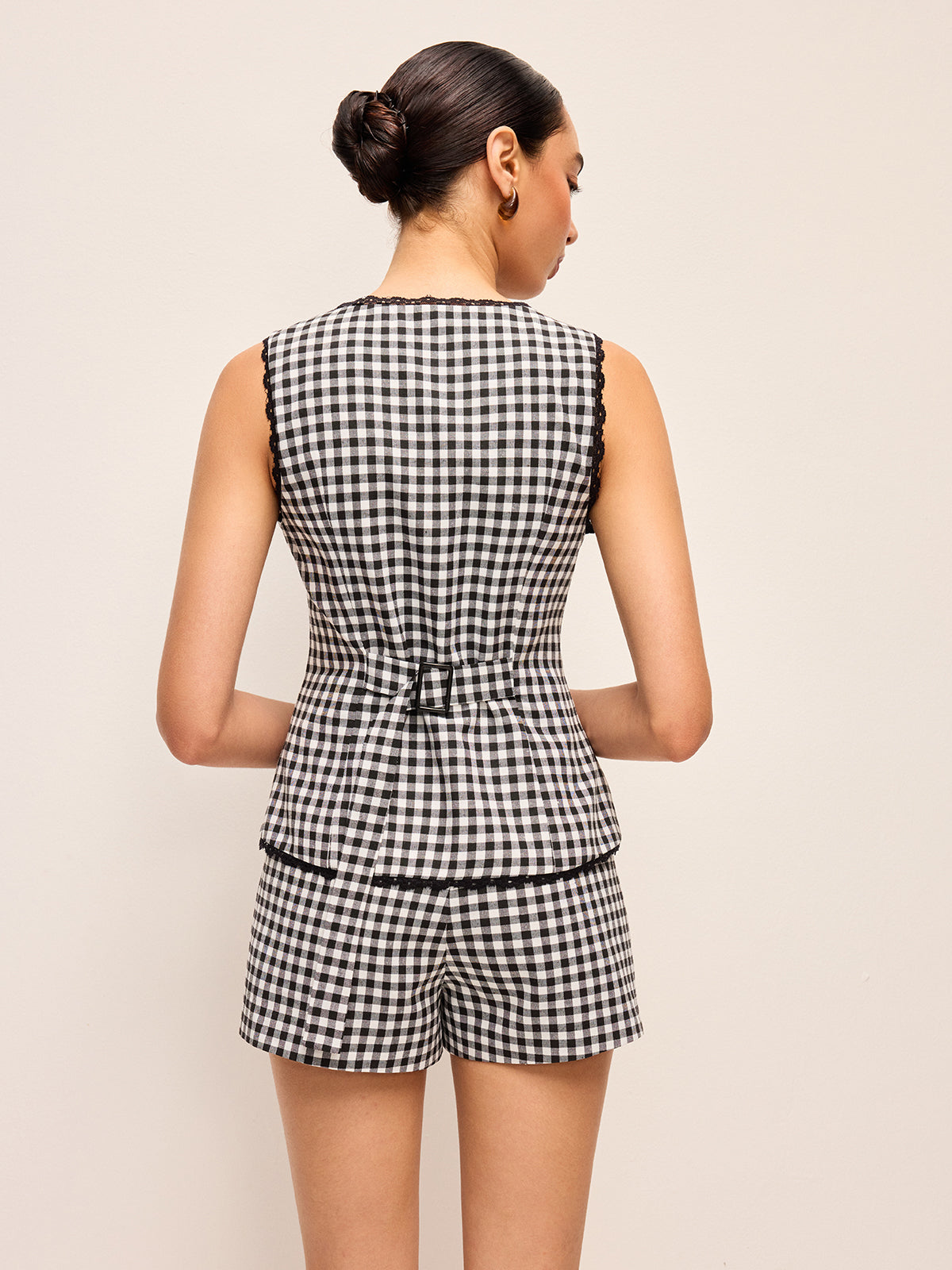 Gingham Düğmeli Üst Ve Şort Takımı