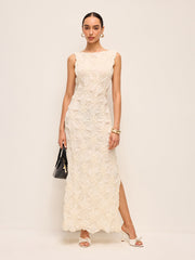 Şık Nakışlı Yırtmaçlı Maxi Elbise