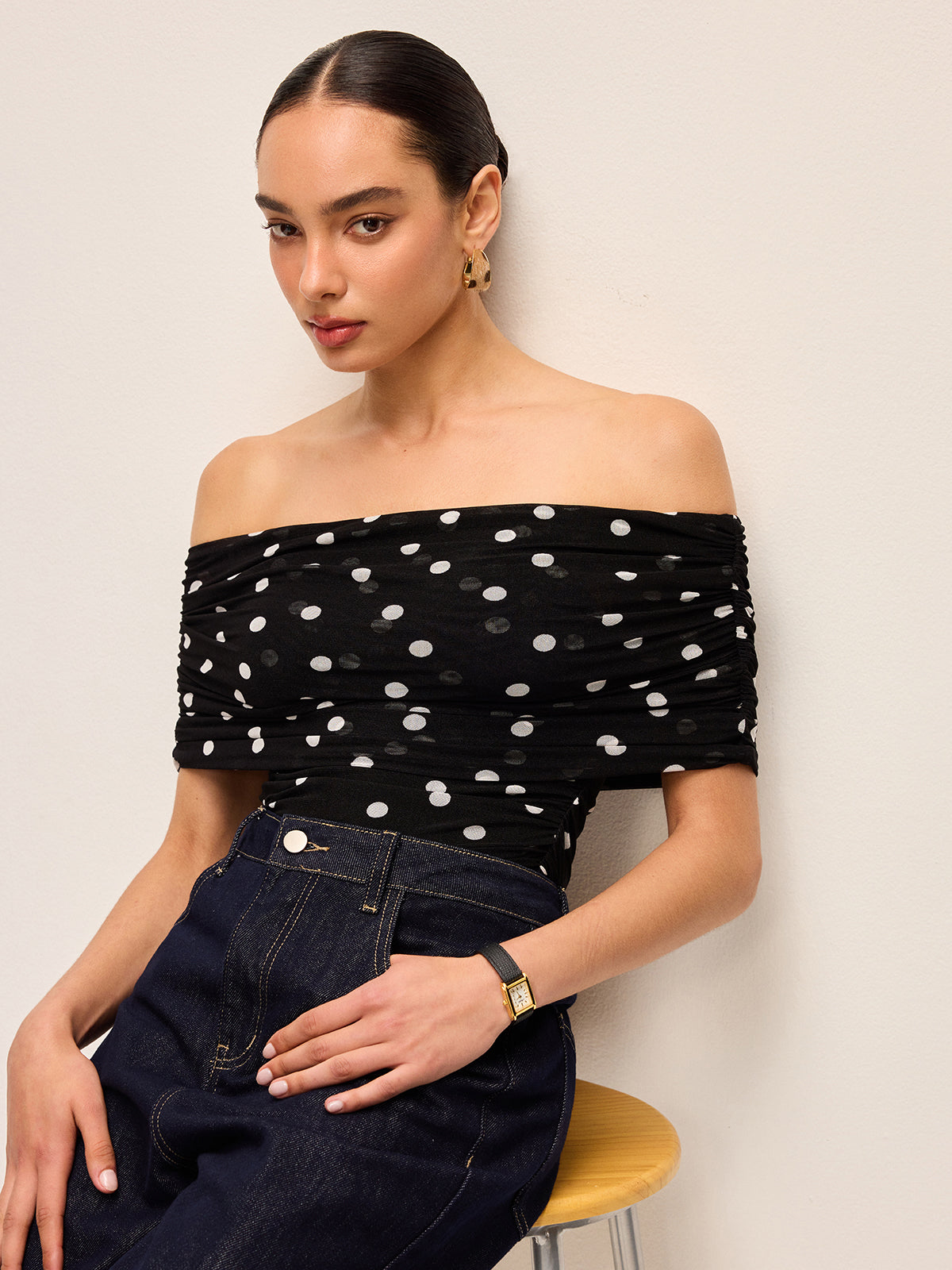 Polka Dot Omuz Açık Bodysuit