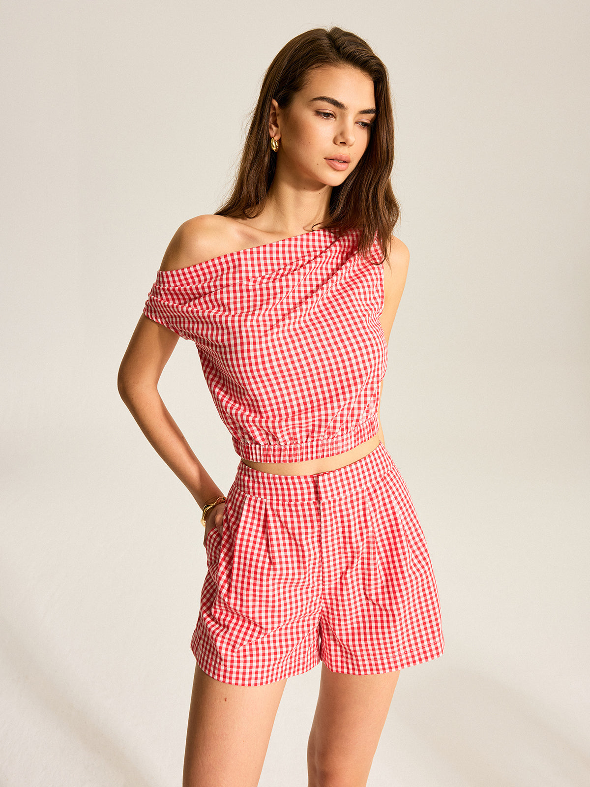 Gingham Tek Omuzlu Üst Ve Şort Takımı