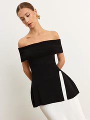 Açık Omuzlu Yırtmaçlı Triko Üst