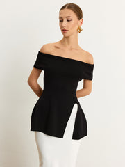 Açık Omuzlu Yırtmaçlı Triko Üst