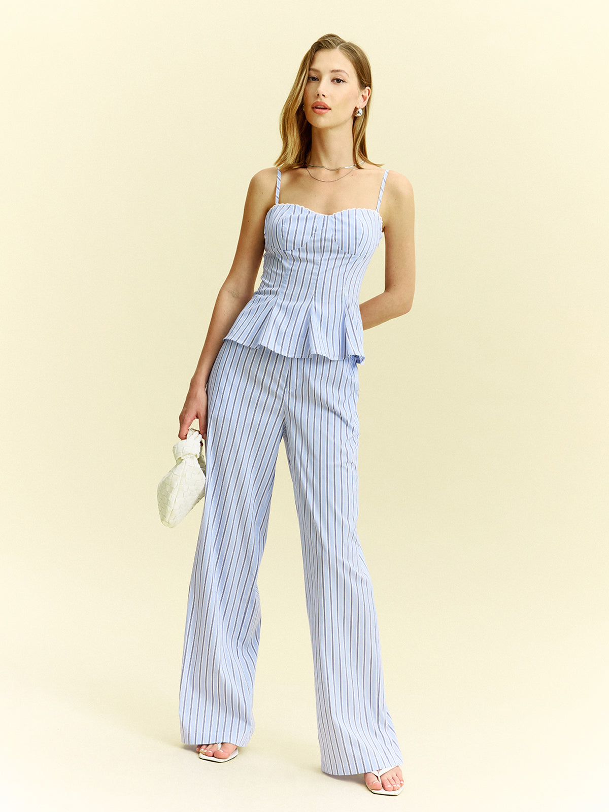 Çizgili Peplum Üst Ve Geniş Paça Pantolon Takımı