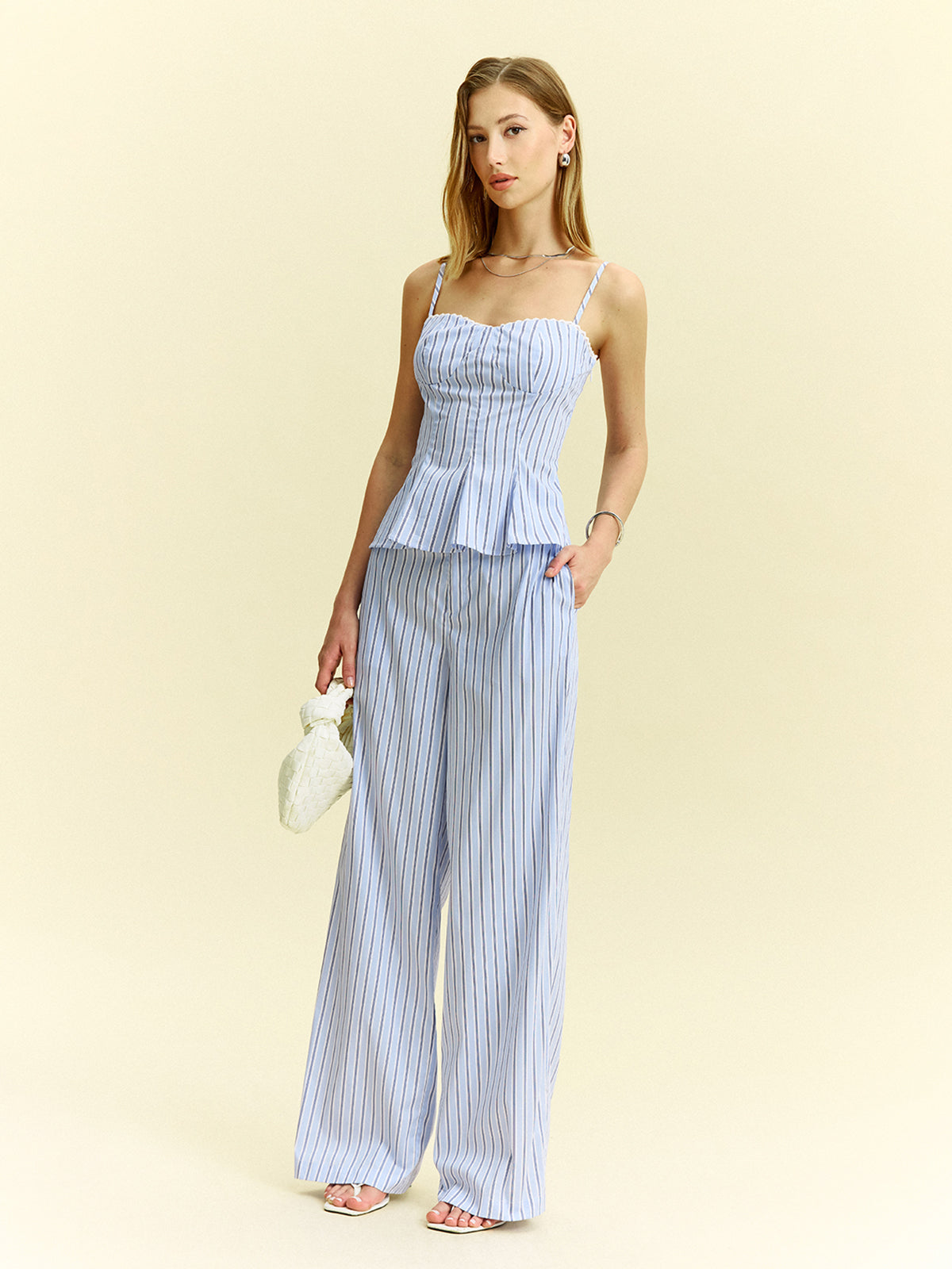 Çizgili Peplum Üst Ve Geniş Paça Pantolon Takımı