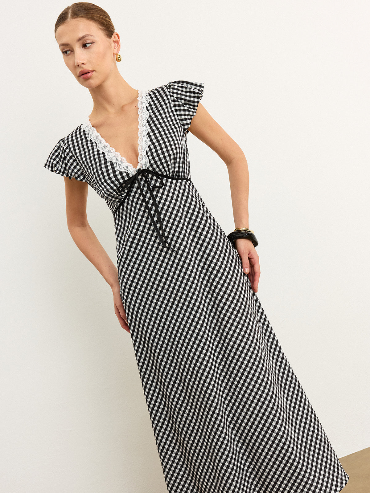 Gingham Dantelli Midi Elbise