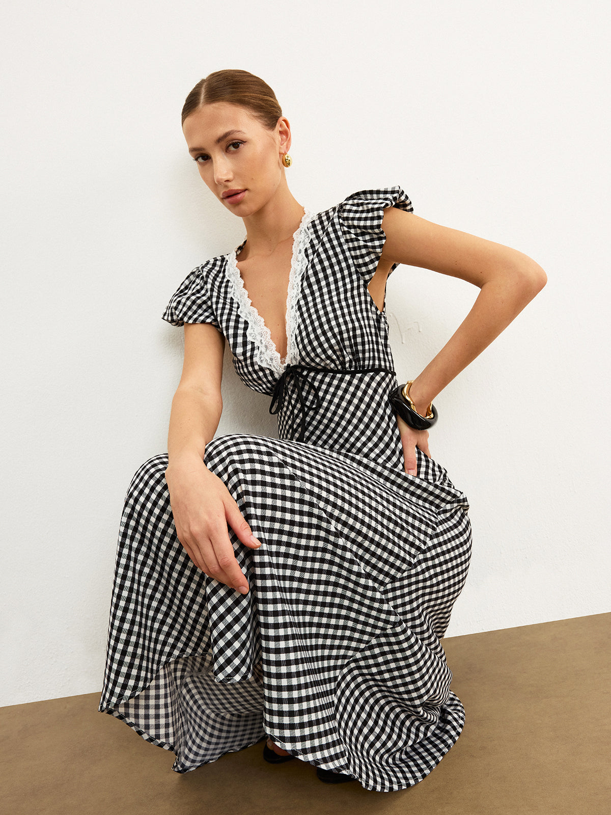 Gingham Dantelli Midi Elbise